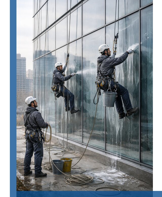 Промышленная мойка панорамных окон на высоте в Славгороде