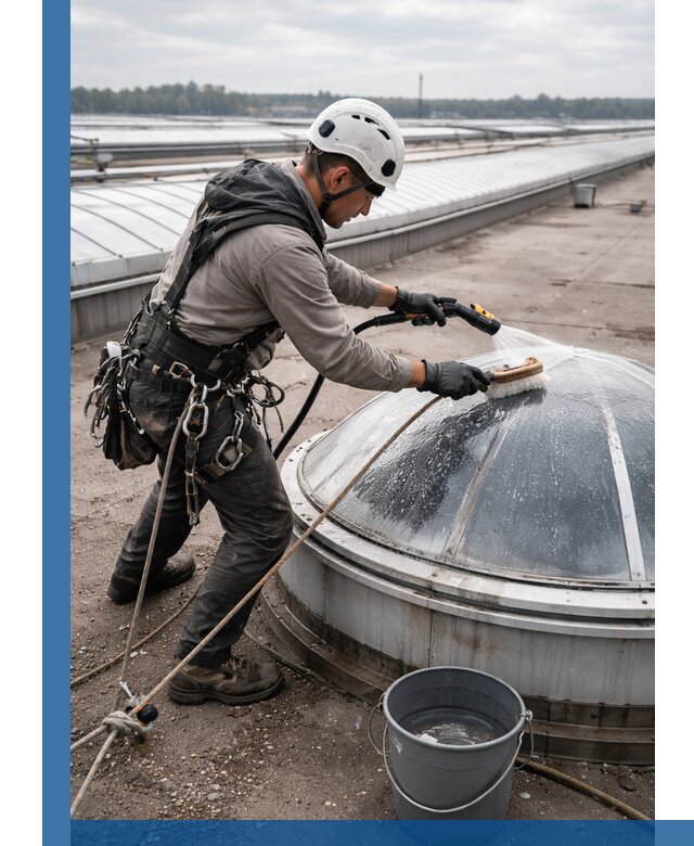 Мойка зенитных фонарей на кровле для промышленных объектов в Славгороде