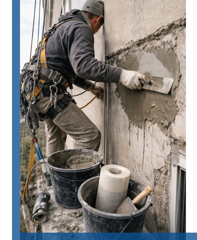 Ремонт бетонных элементов фасада промышленными альпинистами в Славгороде