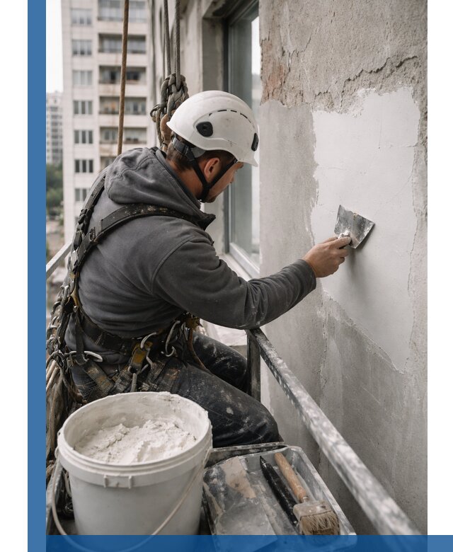 Шпаклевка фасадов на высоте с промальпинистами в Славгороде