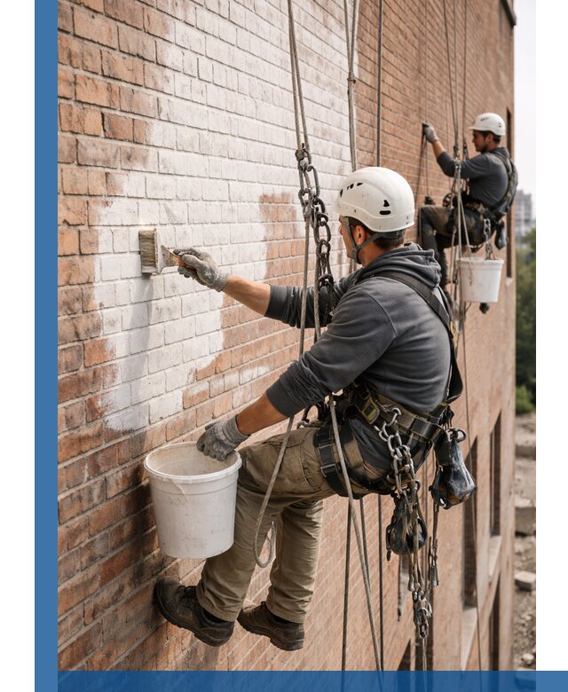 Покраска кирпичного фасада с доступным альпинистским сервисом в Славгороде