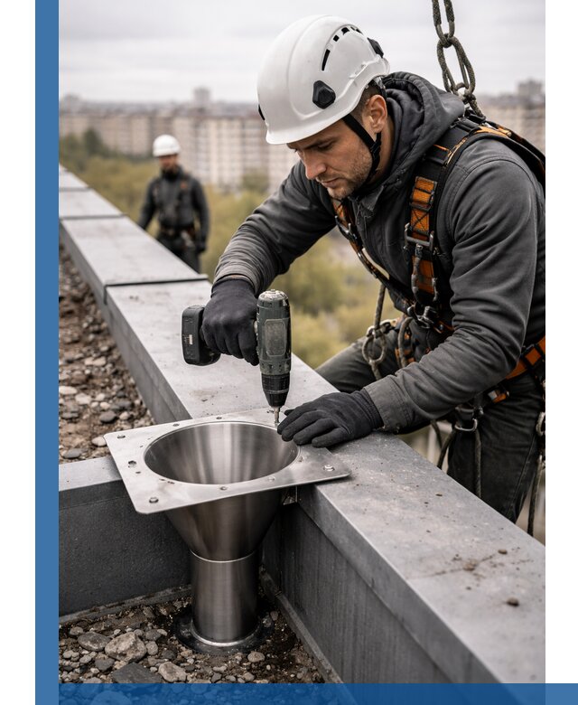 Монтаж водосточных воронок в Славгороде для промышленных зданий