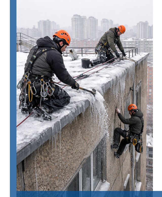 Удаление наледи с кровли в Славгороде промышленными альпинистами