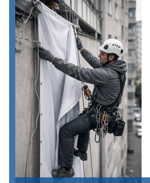 Замена баннерного полотна промышленными альпинистами в Славгороде