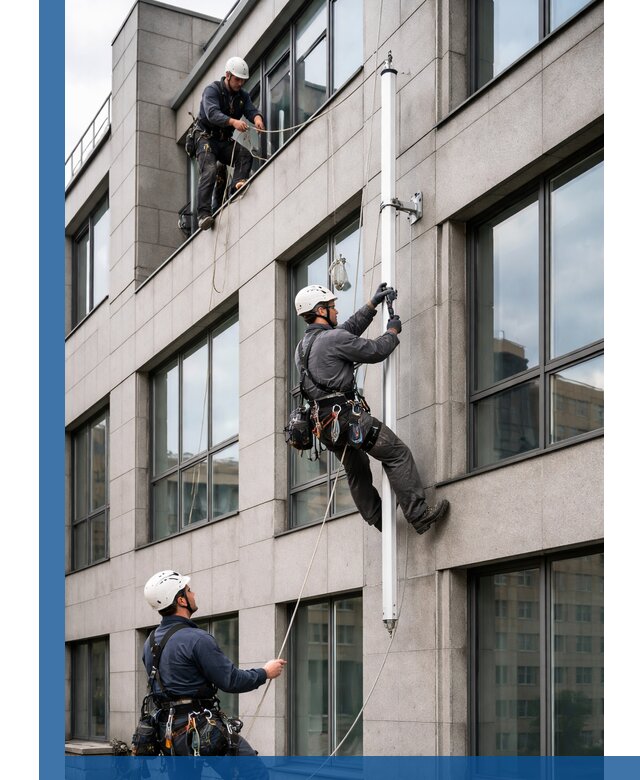 Монтаж флагштока на фасаде здания с креплением и герметикой в Славгороде