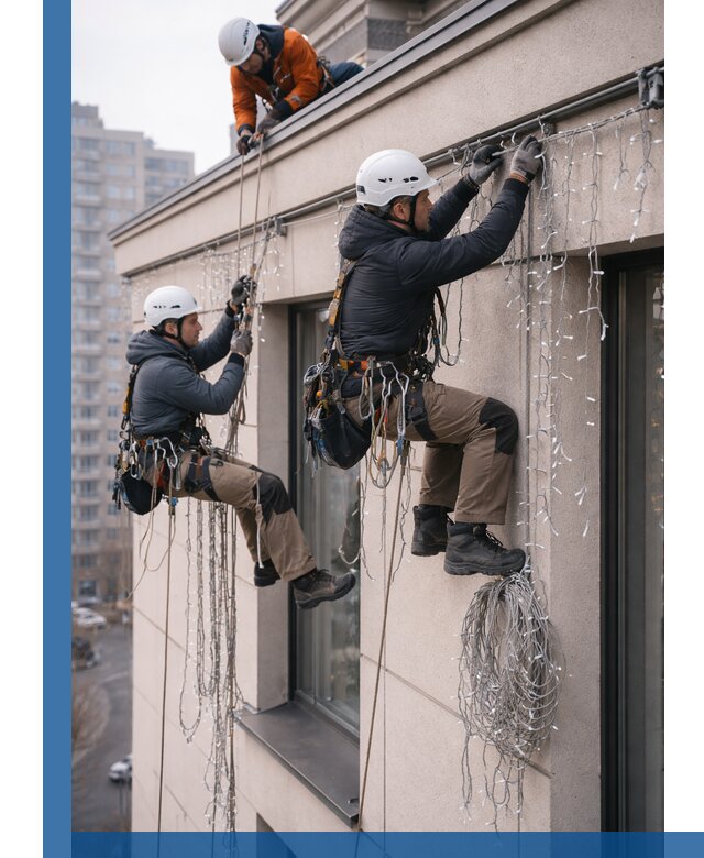 Монтаж праздничных гирлянд на фасаде в Славгороде для зданий