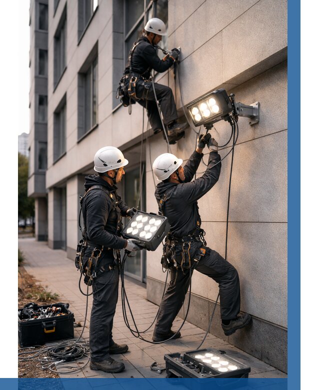 Монтаж прожекторов на фасаде в Славгороде от 7801 р. | ВЫСОТНИК-Слд