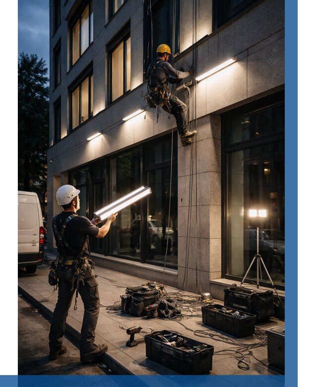 Монтаж архитектурной подсветки здания в Славгороде от 2600 р.|ВЫСОТНИК-Слд