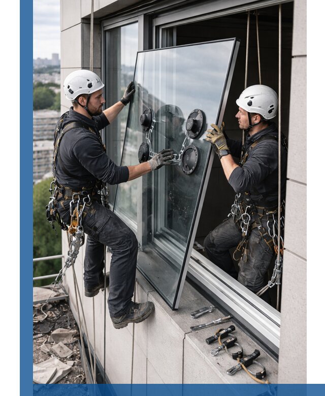 Замена стеклопакетов на высоте с промышленными альпинистами в Славгороде