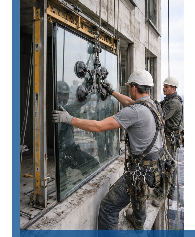 Монтаж стеклопакетов на высоте в Славгороде с промышленным альпинизмом