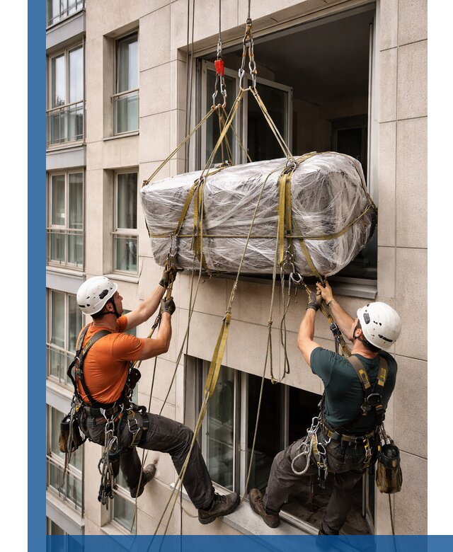 Подъем грузов через окно в Славгороде промышленными альпинистами