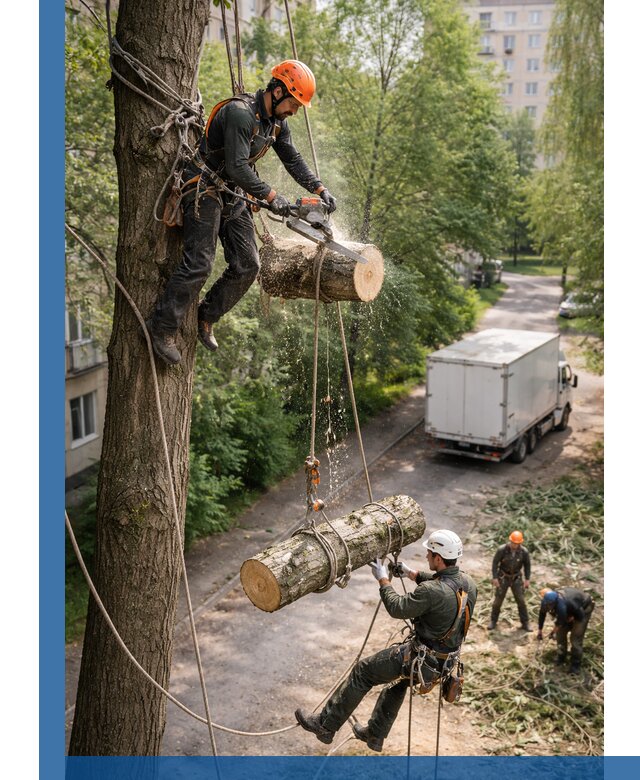 Спил деревьев альпинистами в Славгороде, безопасно и без повреждений