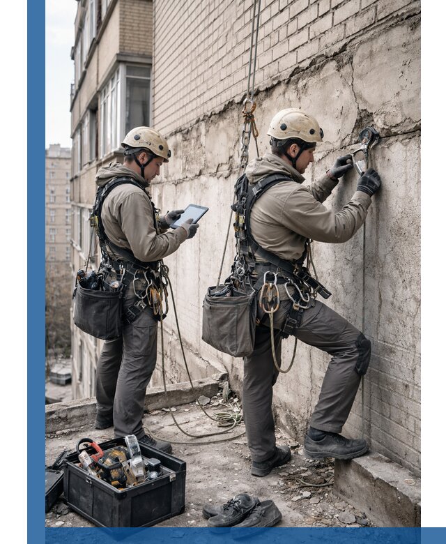 Обследование фасада промышленными альпинистами в Славгороде